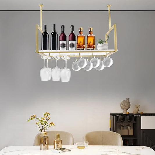 Industrial Wall Mounted Wine Rack with Glass Holder Shelf, Metal Ceiling Hanging Stemware Rack, Floating Storage Shelf for Bar Cafe Kitchen Restaurant