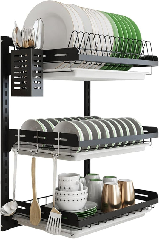 junyuan Hanging Dish Drying Rack Wall Mount,Dish Racks Drainer,3 Tier Kitchen Plate Organizer Storage Shelf with Drain Tray with 3 Hooks,Stainless Steel Black Large Ajustable Height