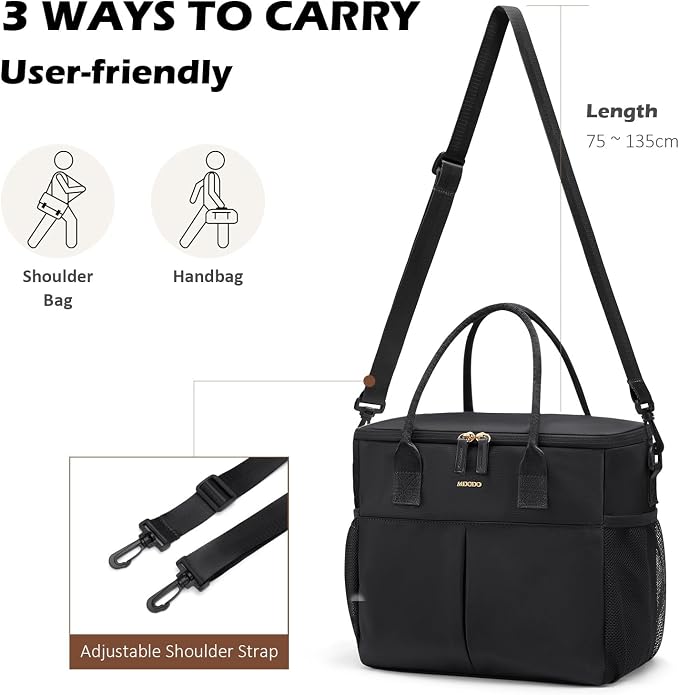 MDODO Lunch Bag Large Insulated Lunch Bags for Women Men Adult Lunch Box with Shoulder Strap for Work,Picnics,Outings (Black)