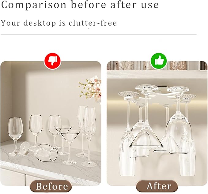 Under Cabinet Wine Glass Holder, 360° Infinitely Rotating Wine Glass Holder, No Drilling Wine Glass Rack for Kitchen, Dining and Bar.(White)