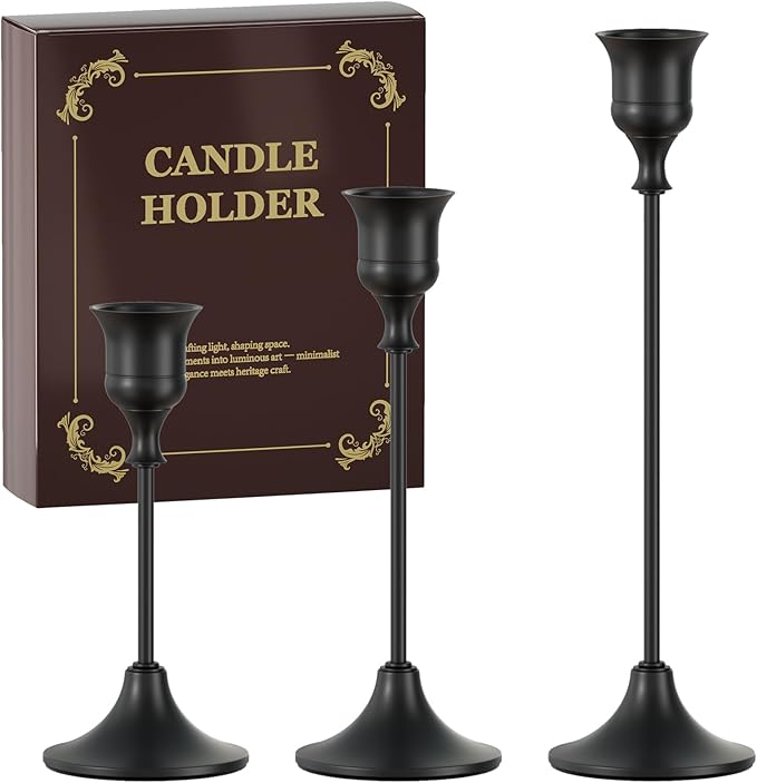 FSyueyun Black Candle Holder Set of 3, Elegant Metal Candlestick Holders for Vintage Taper Candle Holders, Perfect for Table Centerpieces, Fireplace Mantels, Home Decor, Weddings and Party Decorations