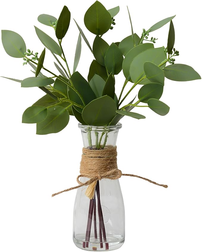 Artificial Eucalyptus Stems in Glass Vase with Faux Water for Table Centerpieces, Fake Eucalyptus Stems and Leaves Greenery in Vase for Home Office Decor