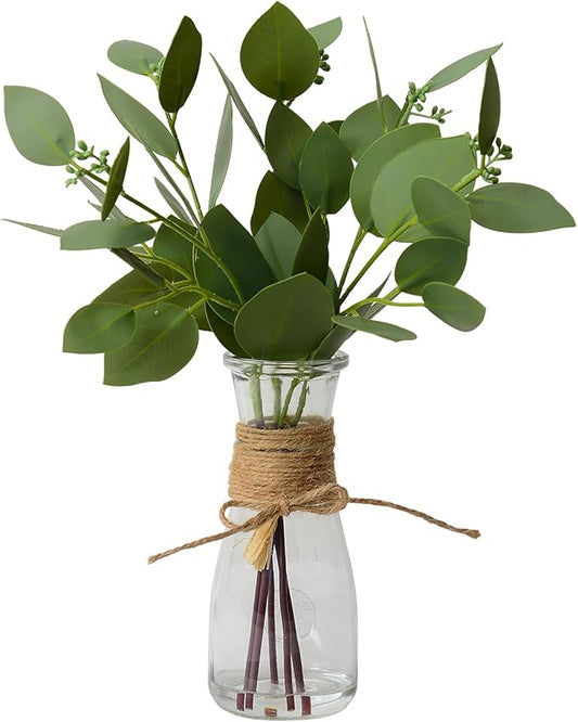Artificial Eucalyptus Stems in Glass Vase with Faux Water for Table Centerpieces, Fake Eucalyptus Stems and Leaves Greenery in Vase for Home Office Decor