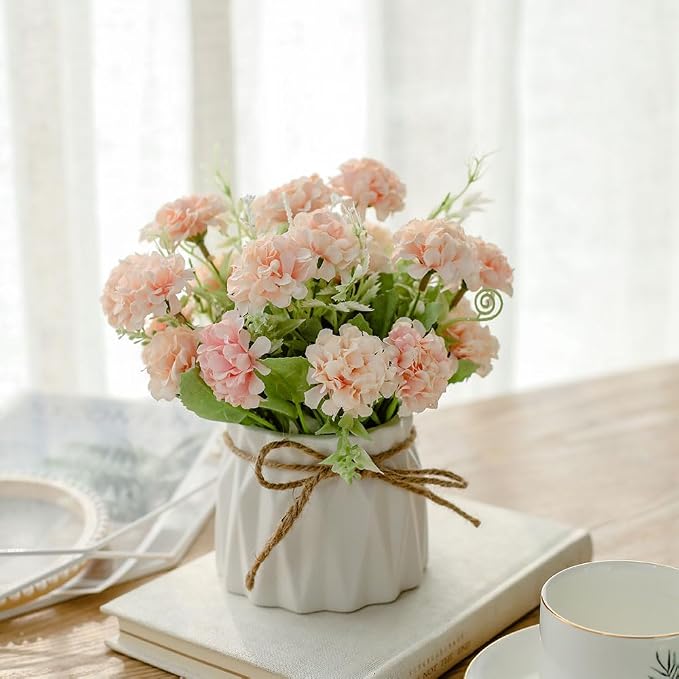 TKAS Fake Flowers Arrangement in Ceramic Vase, Artificial Faux Silk Hydrangea, Small Realistic Dried-Style Floral, Dining Table Centerpiece for Wedding Party Home Decoration (Pink)