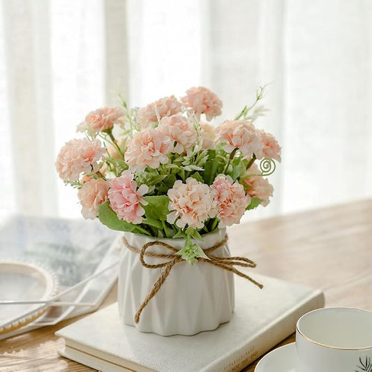 TKAS Fake Flowers Arrangement in Ceramic Vase, Artificial Faux Silk Hydrangea, Small Realistic Dried-Style Floral, Dining Table Centerpiece for Wedding Party Home Decoration (Pink)