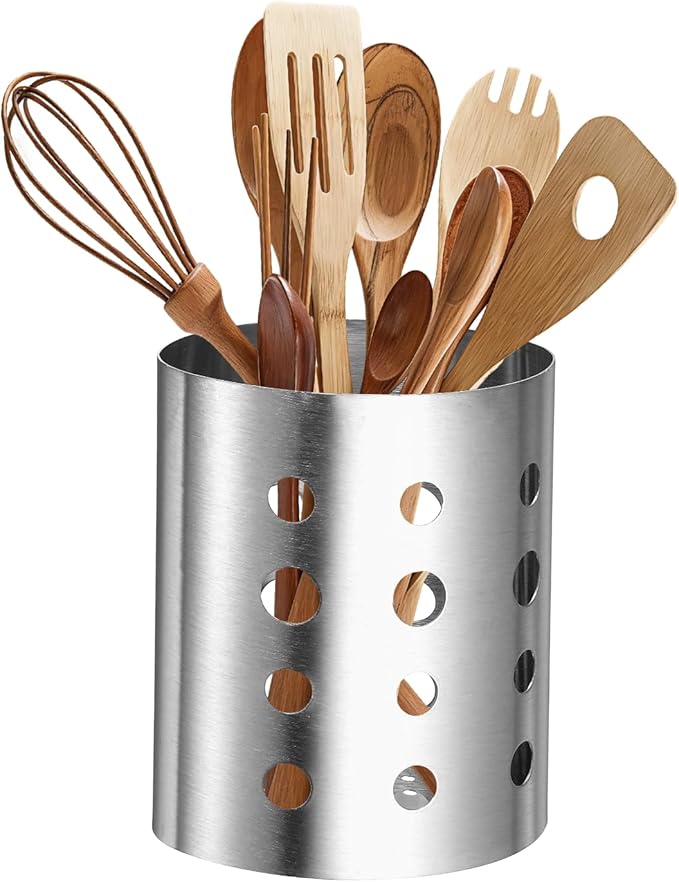 uxcell Kitchen Utensil Holder, 4.6x5.5 Stainless Steel Utensil Cutlery Holder Oval Flatware Organizer with Drain Hole for Kitchen Restaurant Countertop Straw, Spoon, Chopstick, Silver