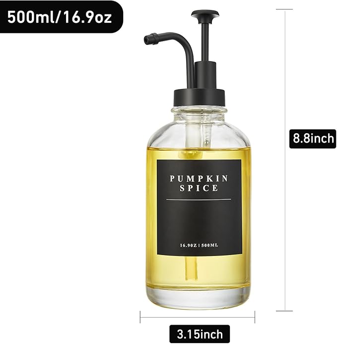 Coffee Syrup Dispenser for Coffee Bar, Coffee Syrup Pump Dispenser, Glass Syrup Bottle with Black Upgraded Pump, 4 Pack 16.9 oz 500 ml Syrup Dispensers, 28 Labels and Large Bamboo Tray