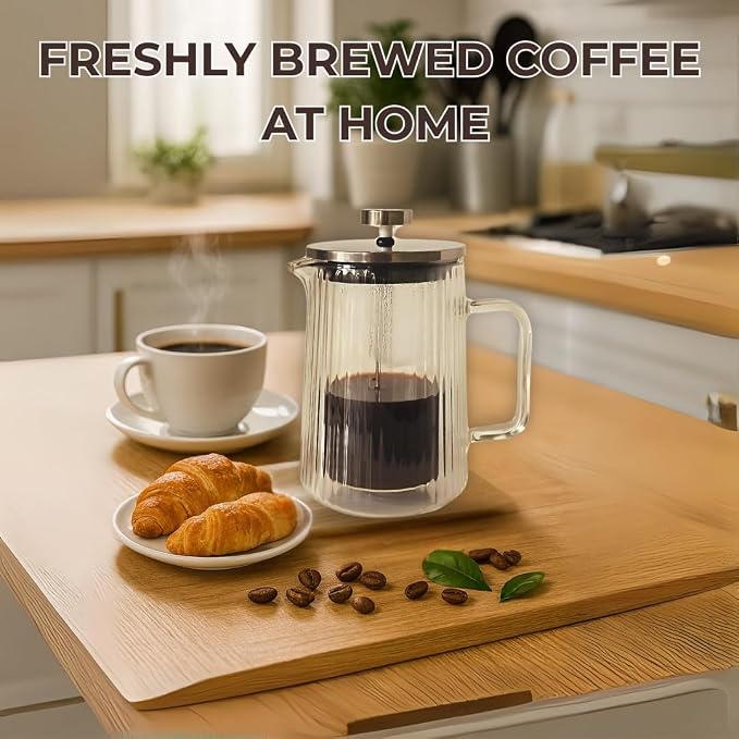 French Press Coffee Maker – Double-Wall Borosilicate Glass | Ribbed Manual Brewer with Stainless Steel Mesh Filter for Hot & Cold Coffee or Tea (34oz /1000ml)