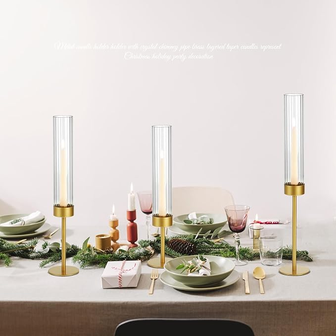 Glass Hurricane Candle Holders Set of 18-Gold Metal Base Taper Candle Stick Holders for CandlesticksHolder Decor, Elegant Dining Table Centerpiece for Wedding, Christmas & Home Decor-Ribbed Glass