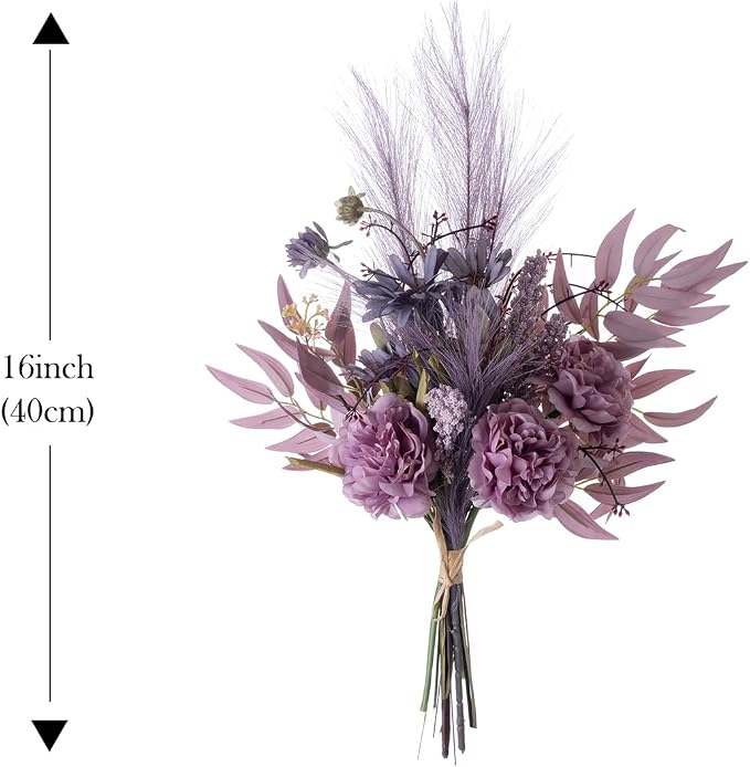 Artificial Fake Faux Flowers Silk Flower Arrangements Bouquets Consists of Peonies, Chrysanthemums, Pampas Grass (Purple)