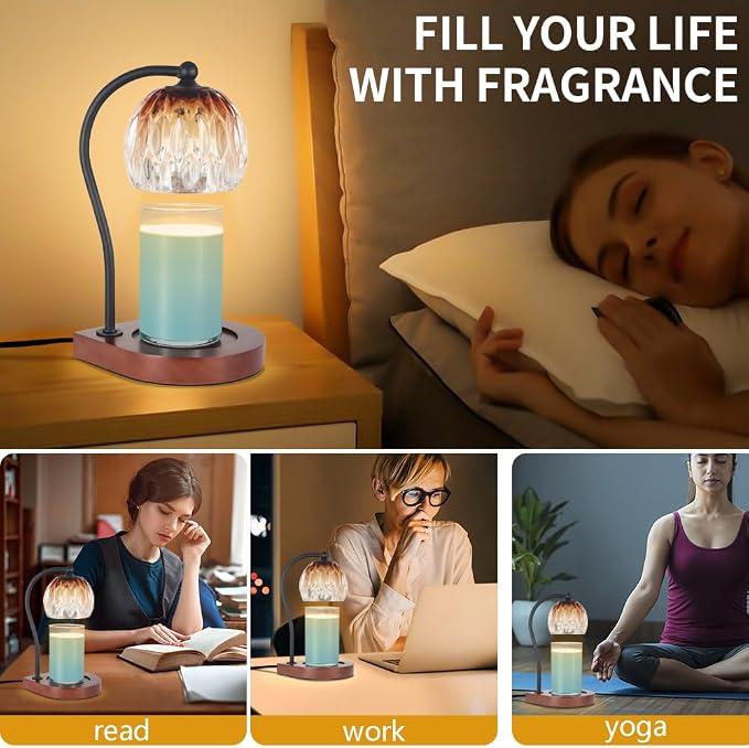 Electric Candle Warmer Lamp with Timer＆Dimmable for Jar Scented Candles, Wax Melting Tabletop Light Suitable as a Home Decor Thanksgiving Christmas Day Gift for Women Mom, with 2 Bulbs(Glass Brown)