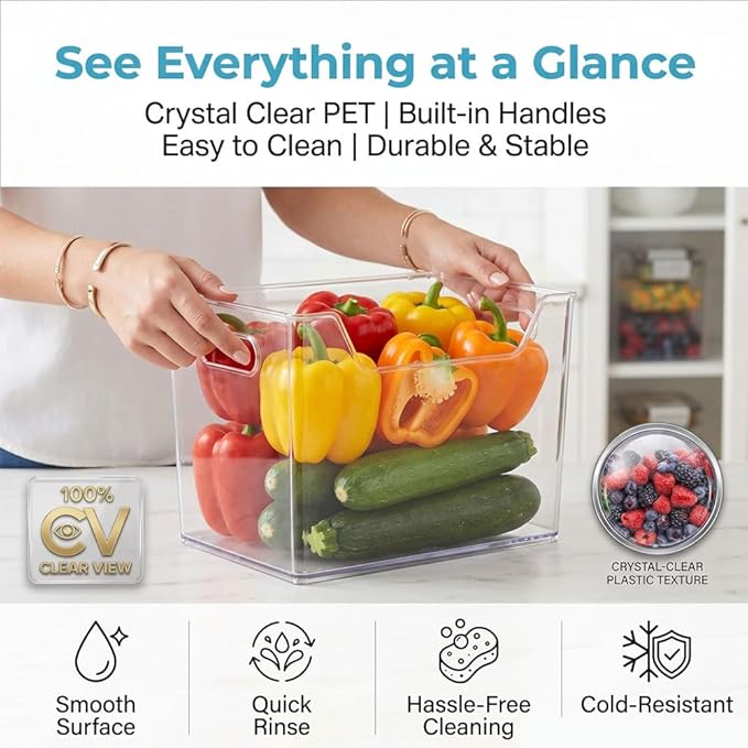 Crystal Clear Freezer Storage Bins - Stackable Plastic Organizer Bins with Handles for Fridge, Pantry Organizers and Storage, Acrylic Bins for Kitchen Cabinet (L*4Pcs)