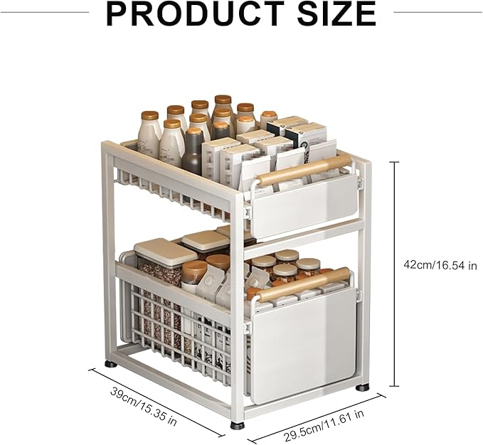 2 Tier Pull-out Storage Organizer, Slide Out Kitchen Cabinet Storage Sliding Shelves, Under Sink Organizers Drawer, Mesh Cabinet Basket with Handle for Bathroom, Home(White,Double Layer L)