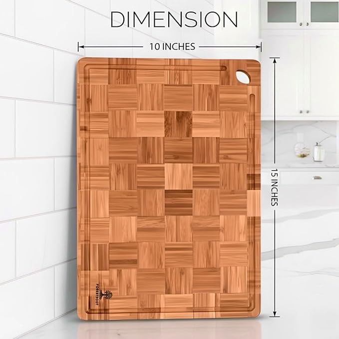 Premium Bamboo Cutting Board-15x10 Inch - End Grain Heavy Duty Cutting Board with Juice Groove, Built-In Handle & Hanging Hole, Knife-Safe Chopping Board for Meat, Vegetables & Kitchen Prep