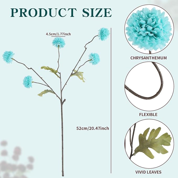 DuHouse 6pcs Artificial Flowers Faux Silk Pompon Mum, Silk Small Mini Chrysanthemum Ball with Stems for DIY Bouquets Centerpieces Vase Home Table Kitchen Decorations (Teal Blue)