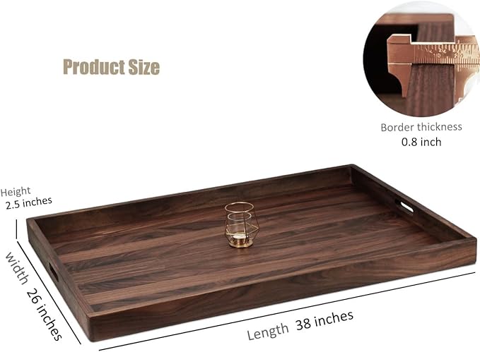 38 x 26 Inches Extra Large Rectangle Black Walnut Wood Ottoman Tray with Handles, Serve Tea, Coffee Classic Wooden Decorative Serving Tray
