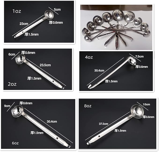 Stainless Steel Hooked Handle Ladle Set - 5 Pcs with Pouring Rim, Long Handle for Kitchen Cooking Soup Sauce (1oz, 2oz, 4oz, 6oz, 8oz)
