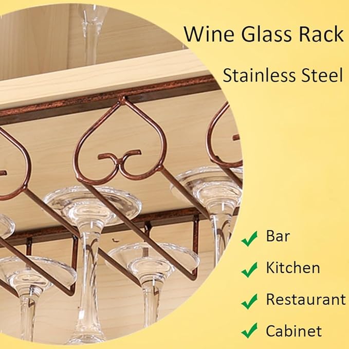 Wine Glass Rack Under Cabinet, Metal Wine Glasses Holders, Hanger Storage Organizer Hanging Glass, fit for Bar Kitchen 4 Rows(Gold)