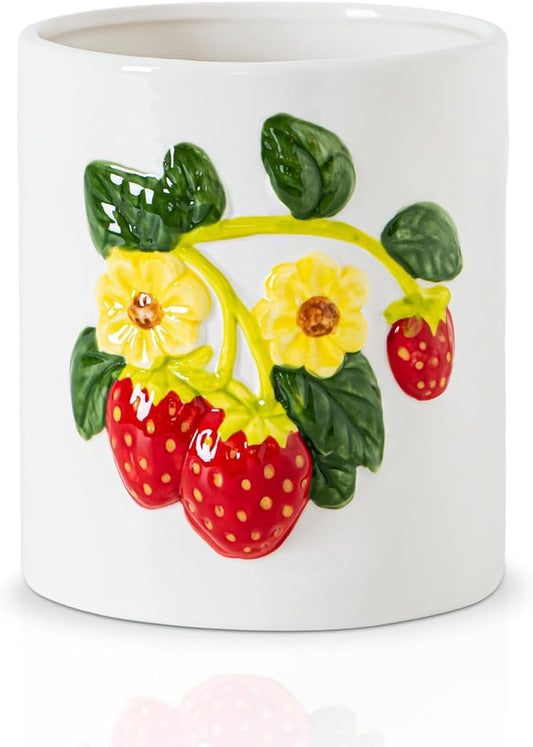 dgudgu Strawberry Kitchen Utensil Holder for Countertop Ceramic Utensil Crock for Kitchen Counter with Carved Strawberry Vine Design White Farmhouse Counter top Organizer for Spoons,Spatulas (yellow)