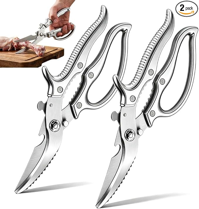 Heavy-Duty Multifunction Kitchen Shears, Ultra Sharp Stainless Steel Poultry Scissors for Bone Chicken Turkey, Multi-Purpose Kitchen Scissors with Bottle Opener Fish Scale Scraper Nut Cracker (2)
