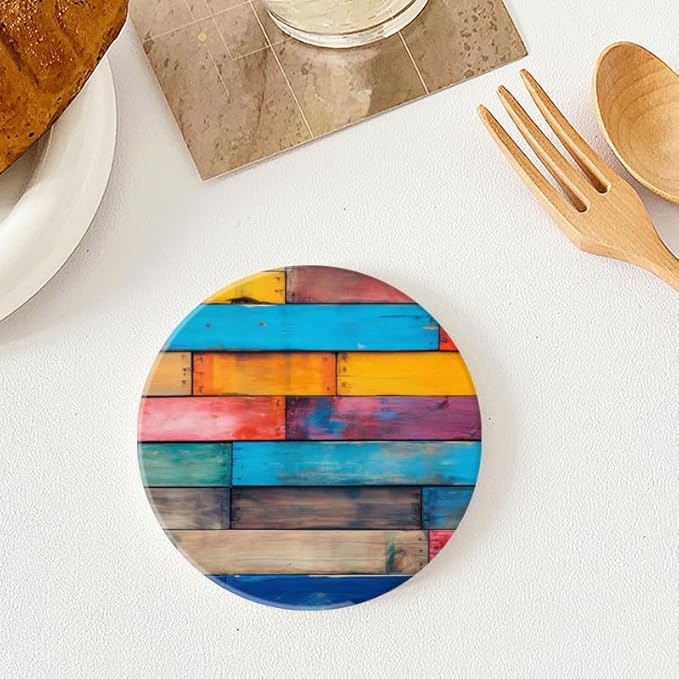 Ceramic Drink Coasters Absorbent Set of 1, Colorful Wood Wall Background with Wooden Slats Round Anti Slip Modern Cup Coasters for Desk Kitchen Office Housewarming Hostess Gifts (4 * 4 Inch)