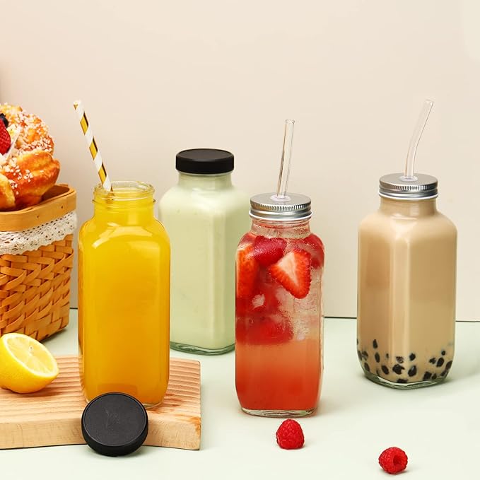 CUCUMI 10pcs 16oz Glass Juice Bottles with Lids, Reusable Juice Containers Drinking Jars Water Cups with Brush, Glass Straws, Lids with Hole | 10pcs