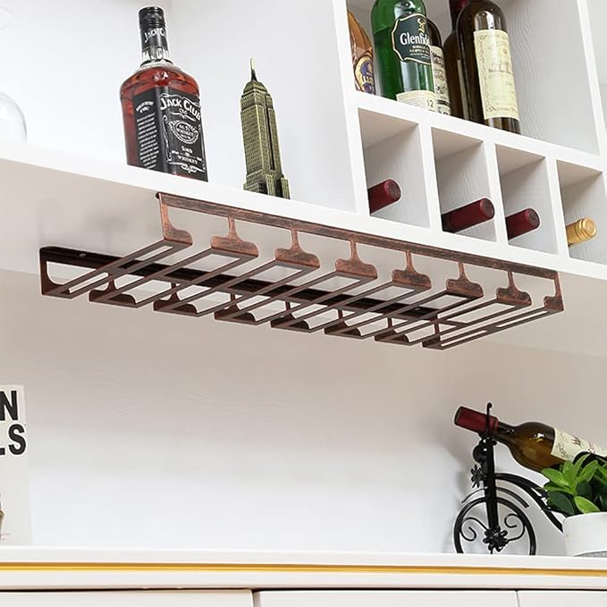 Under Cabinet Stemware, Hanging Wine Glass Holder with Screws, Glasses Storage Hanger Iron Organizer for Home Kitchen Bar
