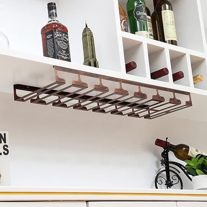 Stemware Rack Under Cabinet Iron Wine Glass Holder Glasses Storage Hanger Organizer, Hanging Wine Glass Holder for Home Kitchen Bar