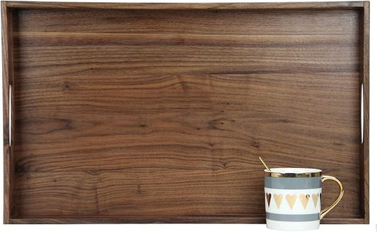 22 x 14 Inches Large Rectangle Black Walnut Wood Ottoman Tray with Handles, Serve Tea, Coffee, Classic Wooden Decorative Serving Tray