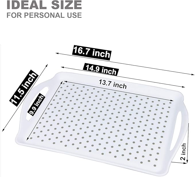 ECOIOU Non Slip Food Serving Tray with Handles, Rectangle Anti-Slip Non-Toxic Dishwasher Safe Tray for Snack Fruit Dessert Breakfast Drink Come with Cleaning Cloths, White