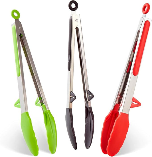 12" Kitchen Tongs, 3Pcs Tongs for Cooking with Silicone Tips, Food Grade Small Silicone Tong, Mini Serving Tongs for BBQ Salad(Black,Red,Green)