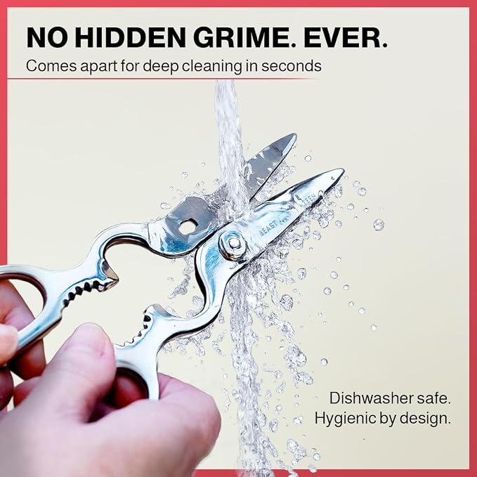 Heavy Duty Kitchen Scissors for Food — All Purpose Cooking Scissors, All Stainless Steel, No Plastic, Come-Apart Blades for Easy Cleaning, Dishwasher Safe, 5-in-1 Multi-Tool