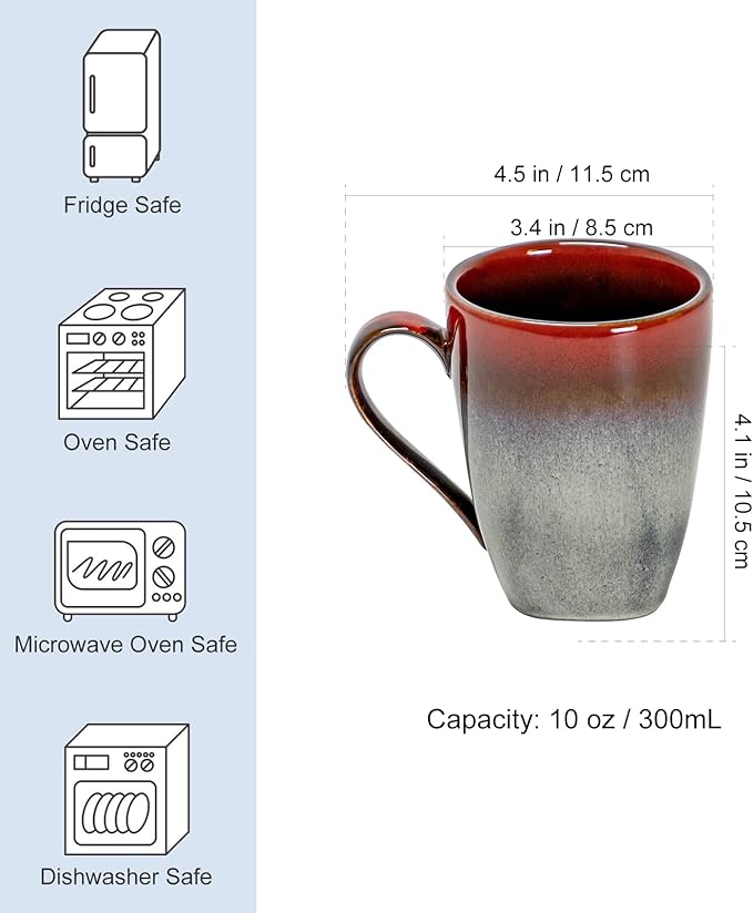 HENXFEN LEAD Coffee Mugs Set of 4 - Ceramic Cups 10 Oz with Large Handle for Coffee, Soup, Tea, Milk, Latte and Cocoa, Mug Gift Set Microwave & Oven, Dishwasher Safe - Red