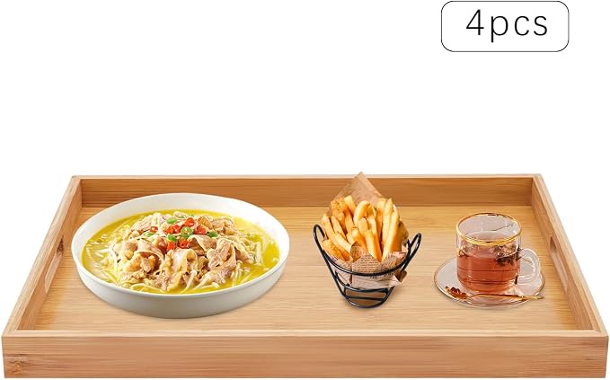 4 Pack Bamboo Tray-Serving Tray with Handles-Large Bamboo Wooden Tray, Food Trays for Home and Kitchen Serving Decorating Organizing, 18 x 13 x 1.4 in