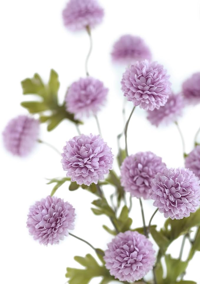 DuHouse 6pcs Artificial Flowers Faux Silk Pompon Mum,Silk Small Mini Chrysanthemum Ball with Stems for DIY Bouquets Centerpieces Vase Home Table Kitchen Decorations(Purple)