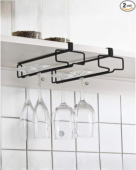 LINFIDITE Wine Glass Holder 2PCS Stemware Rack Hanger Under Cabinet Wine Glass Rack Kitchen Hanging Storage Rack Organizer,Black (For Partition Thickness under 0.98")