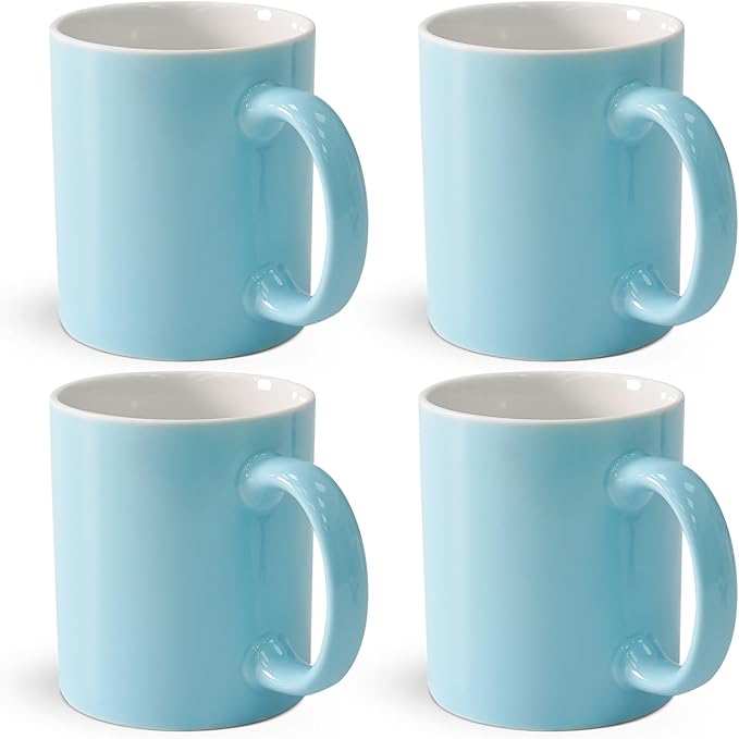 12 oz Cup (4pcs), Plain Gloss Light Blue Ceramic Coffee Mug for Milk Tea, Set of 4