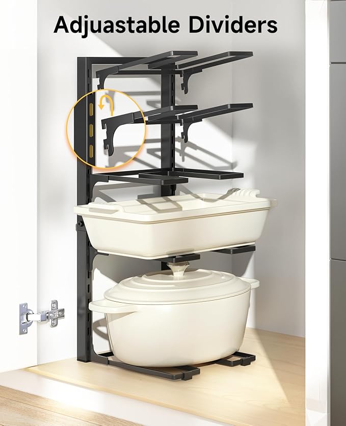 MUDEELA Pots and Pans Organizer Rack under Cabinet 20.8" Height, 8-Tier Adjustable Heavy Duty 120LBS Pot and Pan Organizer Rack inside Cabinet for Kitchen Organizer Cast-iron Pans, Heavy Cookware
