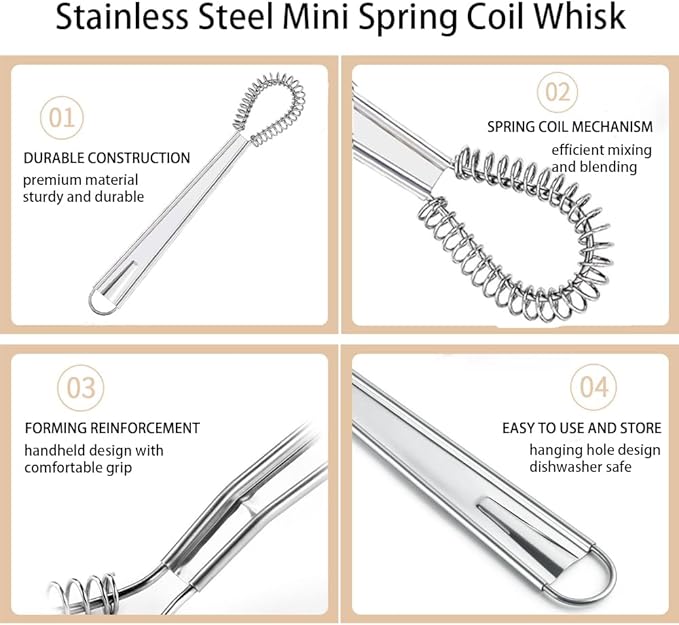 Stainless Steel Mini Whisk Set 2 Pack, Spring Coil Flat Egg Beater, Kitchen Cookware Milk Frother Hand Mixer For Cooking, 8 inch