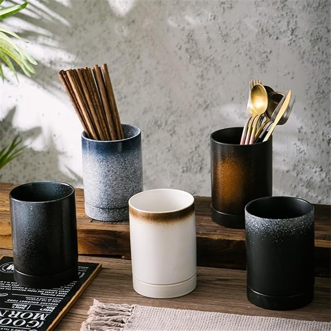 Utensil Holder Kitchen Utensil Holder for Countertop - Ceramic Spoon Rack with Drain Tray(Yellow)