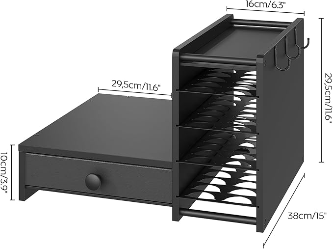 YATINEY Coffee Pod Drawer Holder, 4 Tier Holder for Vertuo, 72 Pods Large Capacity, Coffee Station Organizer with Storage Drawer and 3 Hooks, Black KH02BB