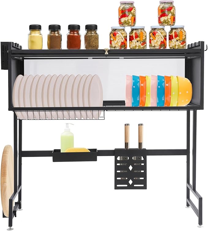 Over The Sink Dish Drying Rack,3 Tier Over The Sink Dish Drainer Drying Rack with Cover, for Kitchen Counter for Dishes, Glasses, Bowls