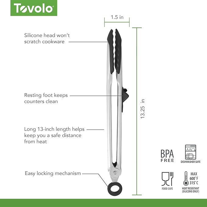 Tovolo Tongs With Silicone Tips Easy Grip 13” Long Kitchen Tongs Stainless Steel Handle For Cooking BBQ, Non Scratch Heat Resistant Locking Metal Silicone Tipped Dishwasher Safe BPA Free, Black