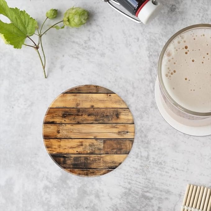 Ceramic Drink Coasters Absorbent Set of 1, Wooden Wall with Brown Stain Pattern Round Anti Slip Modern Cup Coasters for Desk Kitchen Office Housewarming Hostess Gifts (4 * 4 Inch)