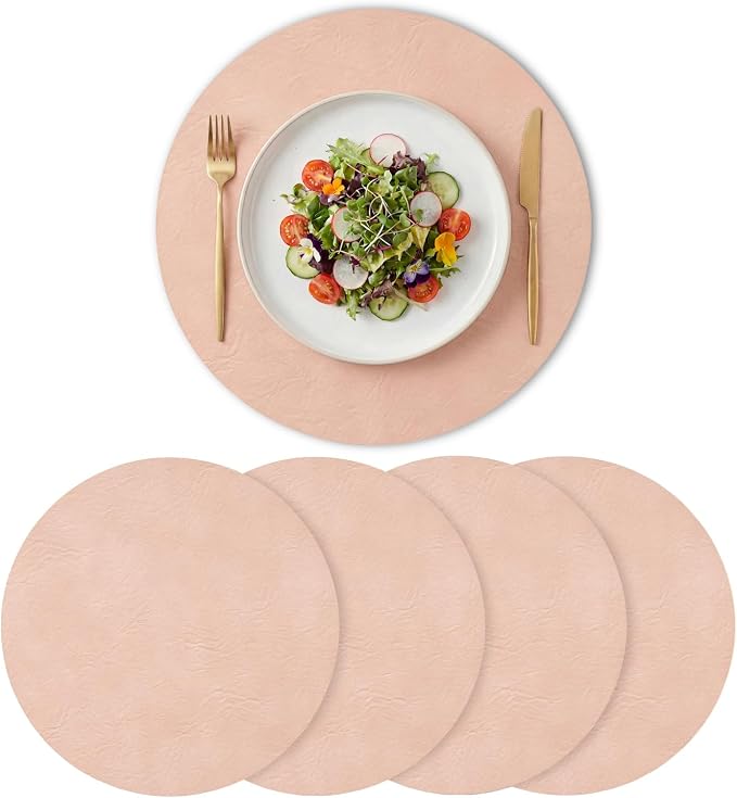 Artoid Mode Pink Faux Leather Placemats Set of 4, 15 Inch Waterproof Wipeable Heat Resistant Vinyl Place Mats, Reversible Table Mats for Spring Kitchen Dining Decor