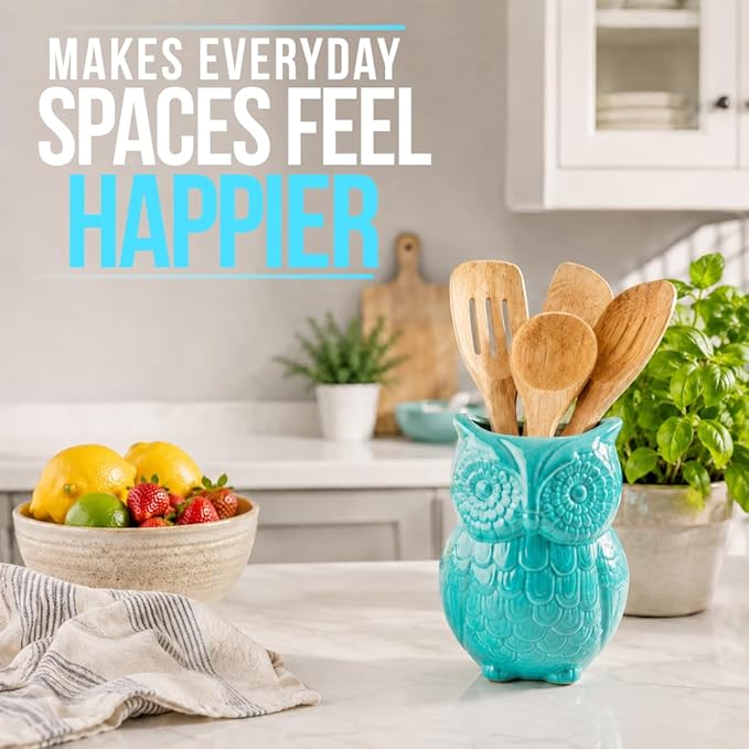 Comfify Owl Utensil Holder Decorative Ceramic Cookware Crock & Organizer, in Lovely Aqua Blue Color - Utensil Shaped Caddy and Perfect Kitchen Ceramic Decor Gift for Countertop - 5” x 7” x 4” Size