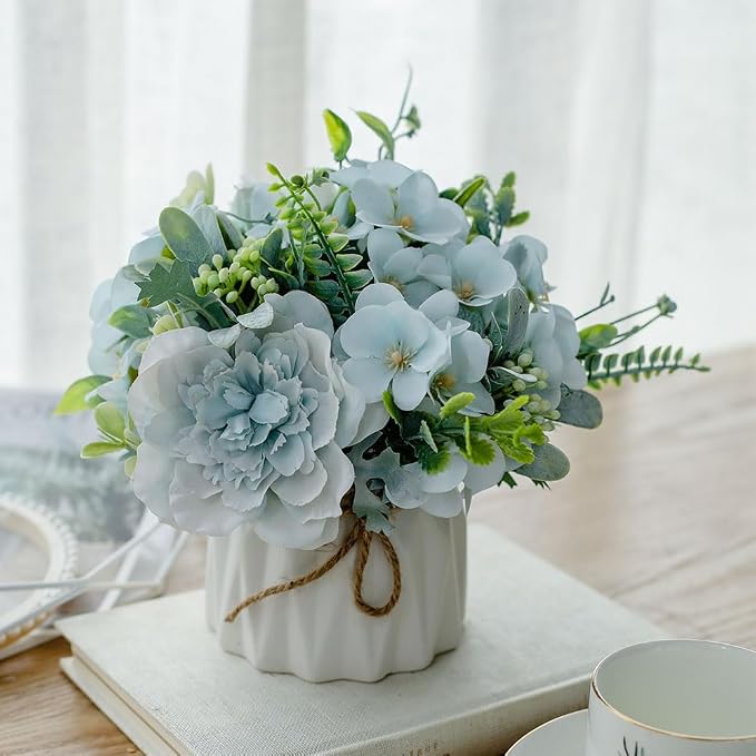 TKAS Fake Flowers Arrangement in Ceramic Vase, Artificial Faux Silk Roses & Hydrangea, Small Realistic Dried-Style Floral Dining Table Centerpiece for Wedding Party Home Decoration (Blue)