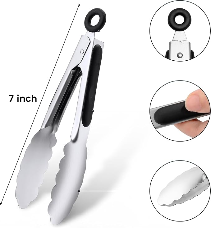 7" Small Kitchen Tongs Set of 3, Stainless Steel Ice Tongs Food Tongs, Mini Serving Tongs for Appetizers, Salad, Buffet (7", 3PCS) | Ice Bucket Tongs | For Salad/Buffet | Heat-Resistant | Dishwasher Safe