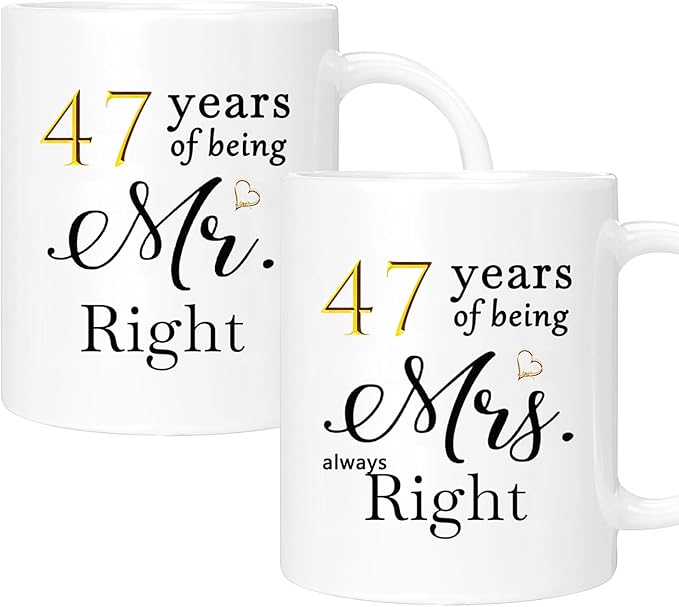 47th Anniversary Coffee Mugs Set of 2, 47 Year Anniversary Wedding Gifts Decorations for Couple Parents Grandparents Men Women Husband Wife Him Her, Gift Box Packaging, 11oz