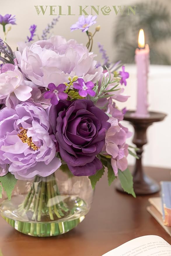 Artificial Flowers in Vase for Home Decor, Fake Lavender & Silk Peony Rose Bouquet Centerpieces in Glass Vase with Fake Water for Party Wedding Dinning Table Office Hotel Decor (Lavender Purple Mixed)